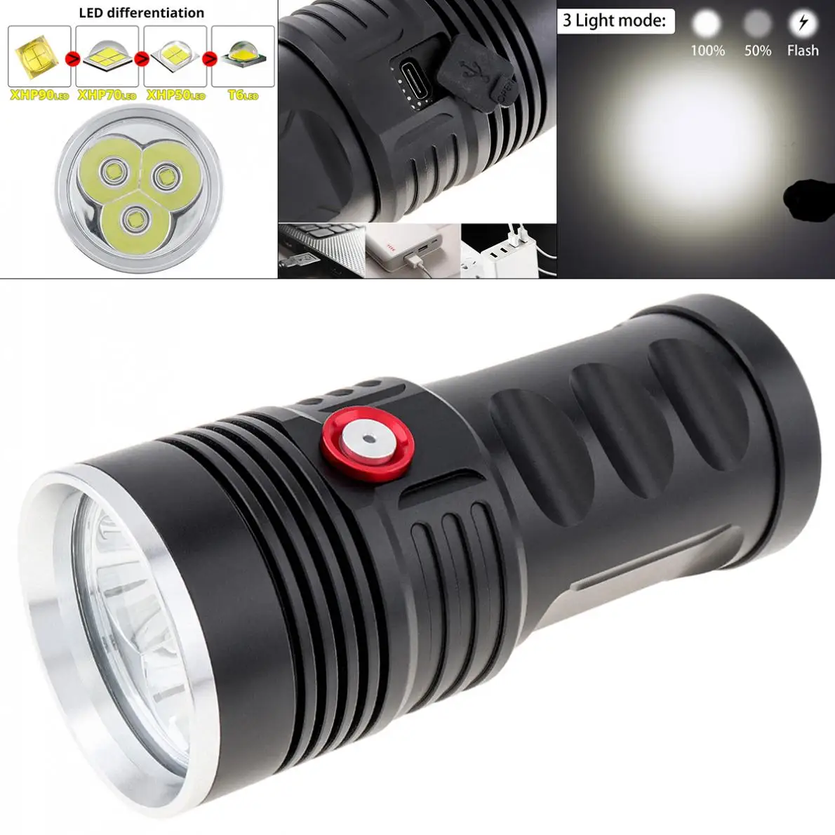 

8000LM 3 XH-P50 Super Bright Ultra Powerful LED Searchlight Flashlight with USB TypeC Charging Use Rechargeable Battery New