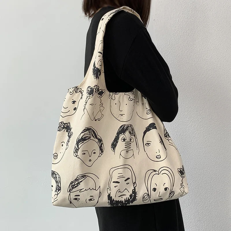 

Vintage Women Daily Use Foldable Handbags Ladies Cartoon Protable Shoulder Shopping Bags Girls Reusable School Canvas Bags