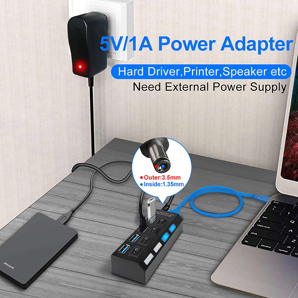 

USB HUB 3.0 HUB USB Splitter Multi USB 3.0 2.0 HUB USB3 4/ 7 Port Multiport Hab PC Accessories with Power Adapter for Computer