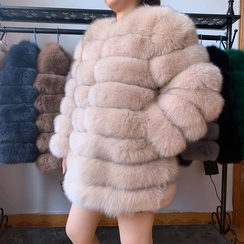 NEW 70CM Women Warm Real Fox Fur Coat Short Slim Winter Genuine Fur Jacket Fashion Outwear Luxury Natural Fox Fur Coat For