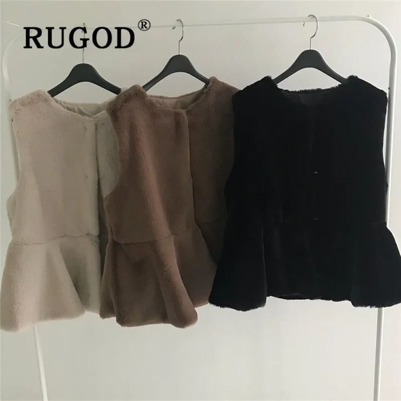 

RUGOD Fashion Mink Cashmere Coat Vest Women Elegant Sleeveless Ruffle Hem Waistcoat Vintage Solid Fluffy Jacket Vest gilet