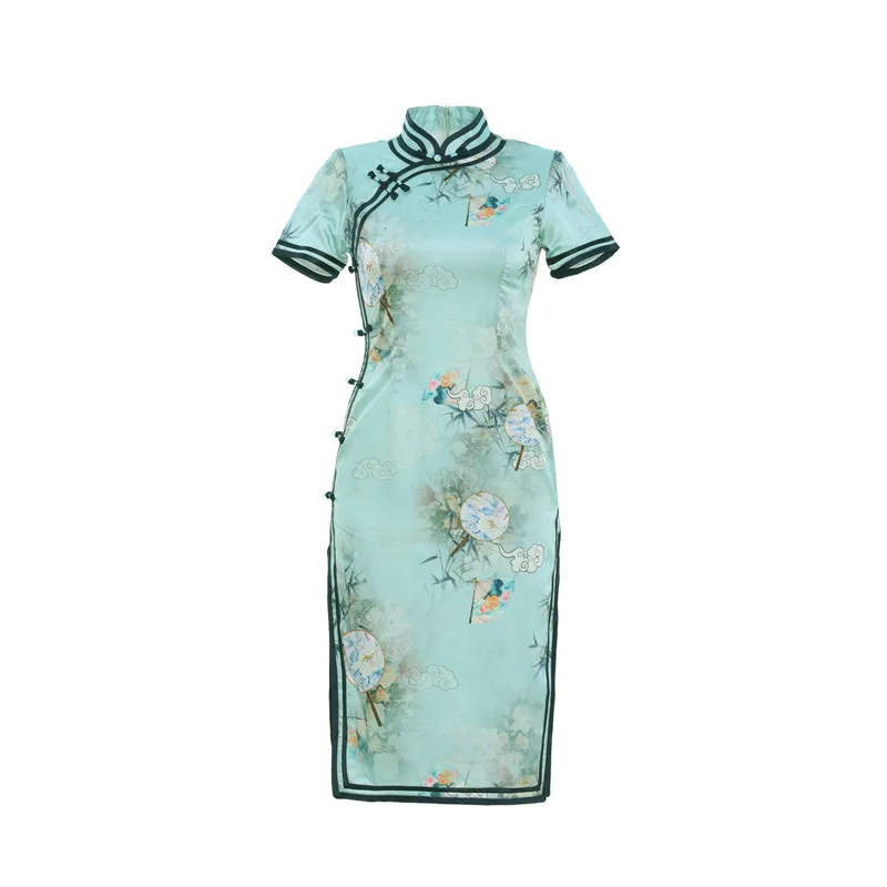 

Summer Chinese Style Flower Printed Satin Cheongsam Womens Rayon Handmade Button Qipao Slim Party Dresses Vestido Size M-3XL