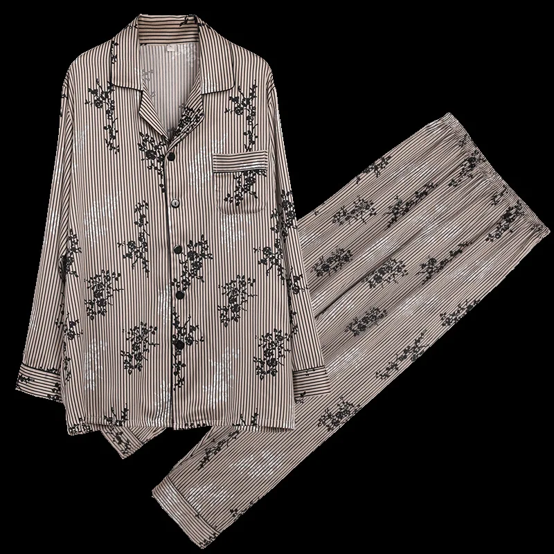 

Men's Pajamas Spring and Summer Long-sleeved Artificial Silk Suit Men's Silk Trousers Home Service Ice Silk Thin Pigiama Uomo
