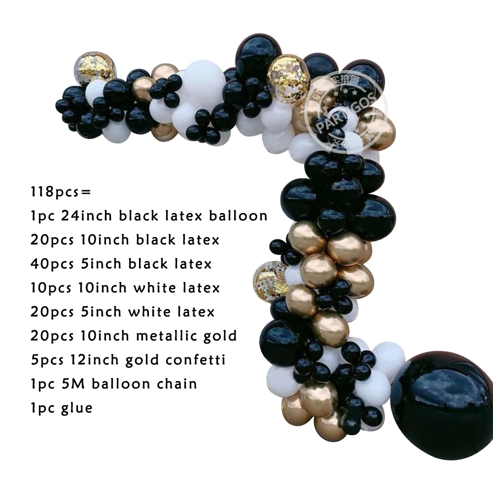 118 шт Черный бело золотые хромированный металл воздушные шары гирлянды арочный