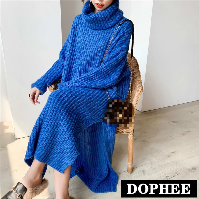 

Women Long Sweater Female 2020 Autumn Winter Thickened Turtleneck Long Sleeve Pullover Knitwear Oversize Clothes Knitted Dress