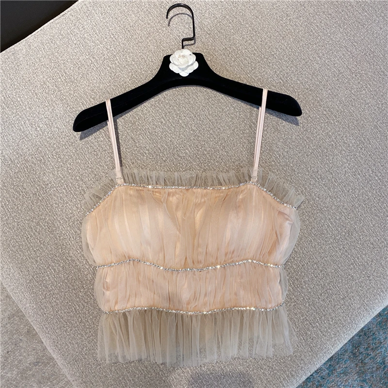 2021 Spring New Fashionable Sweet Handmade Rhinestone Sexy Tube Top Mesh Camisole Top Korean Tank Top