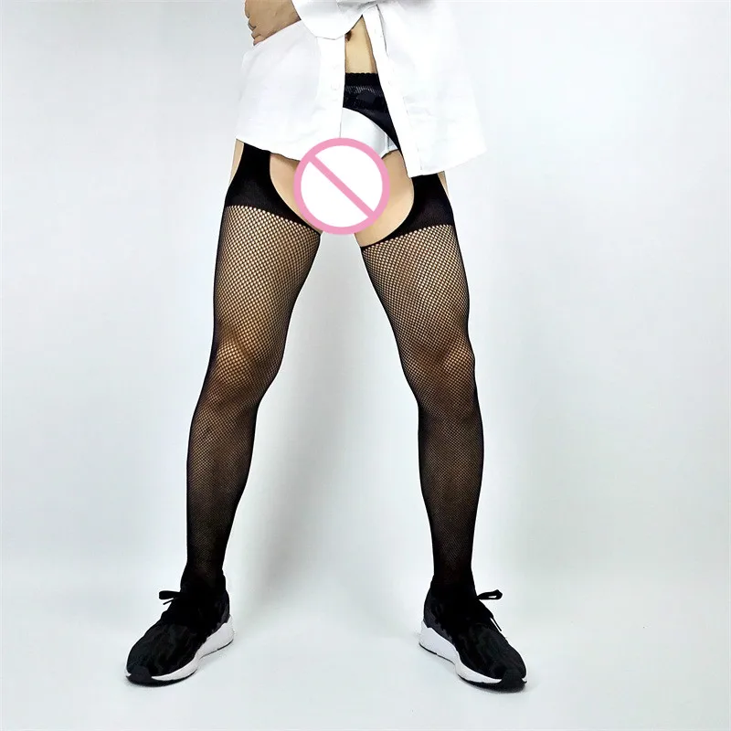 

2021 Mens Pantyhose Open Crotch Breathable Underwear Man's Mid Mesh Body Stockings High Elastic Fishnet Crotchless Tights