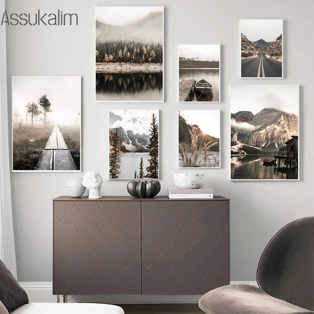 

Постер с природным пейзажем, принты шоссе, картина с изображением гор, озера, тумана, леса, снега, картины с рисунком, нордическая Настенная к...