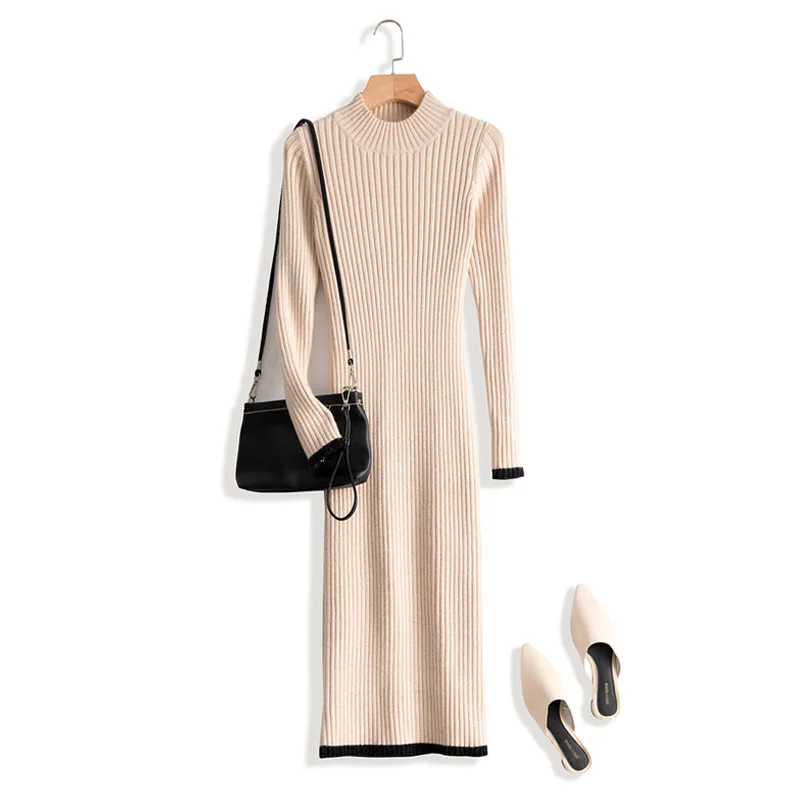 

Lace Dress Dress Cashmere Knit 2020 Slim High Quality Tight Bag Long Section Thick Stripes Hip Winter Woman Hot Sale Plus Size