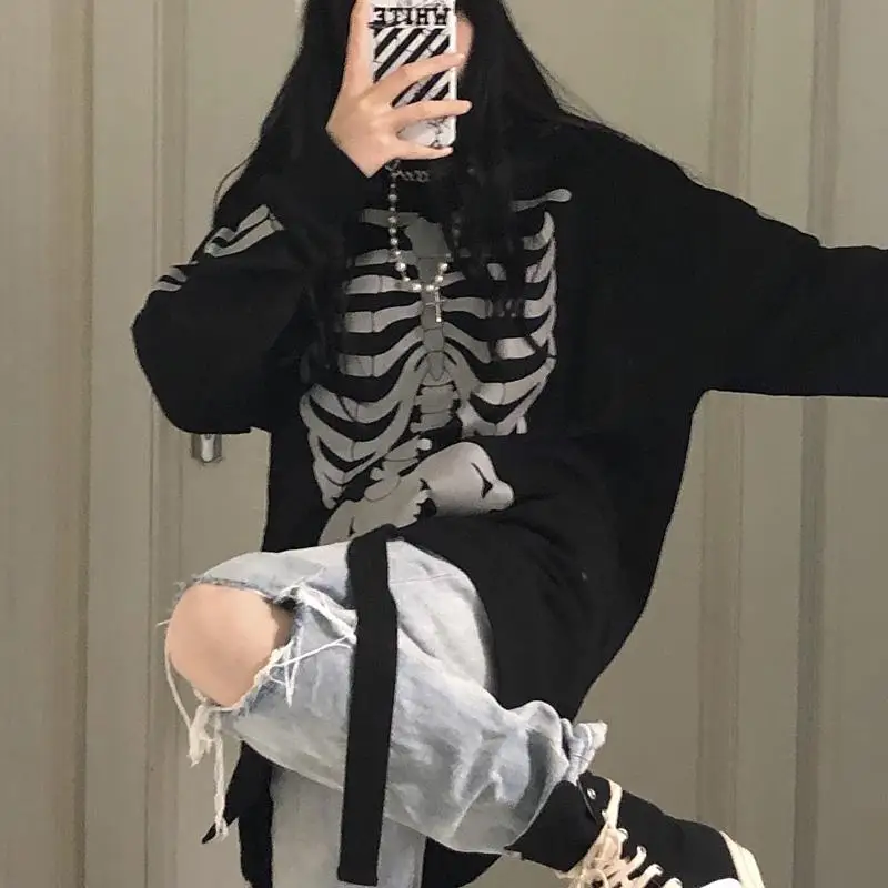 

Mall Goth Skull Print Women Sweatshirts Fairycore Grunge Oversize Black Crewneck Long Sleeve Sudadera 2021 Fall Streetwear Tops