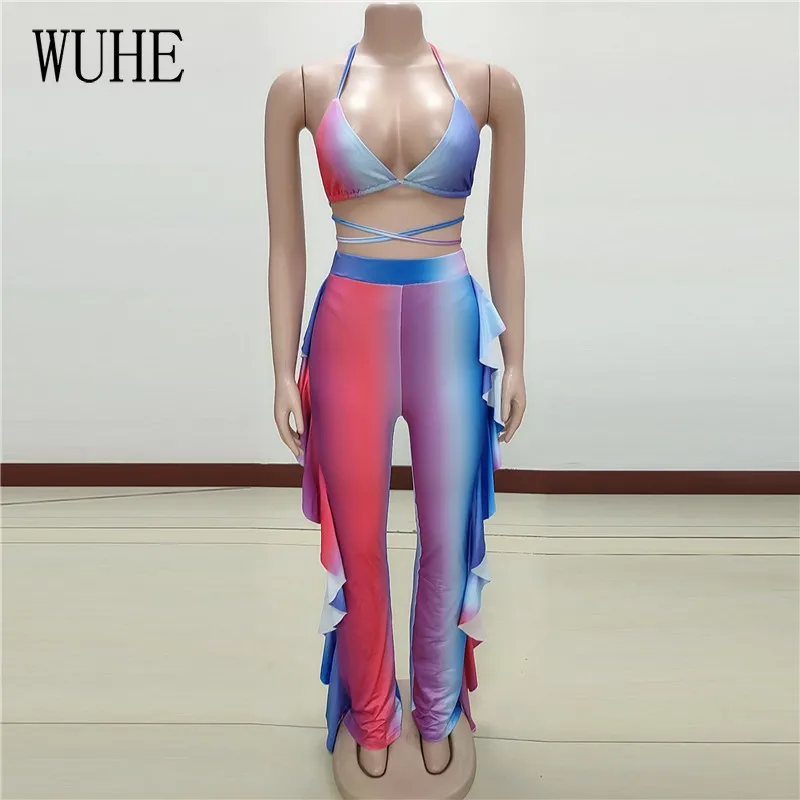 

WUHE Nightclub Party Sexy 3 Piece Suits Print Patchwork Halter Open Back Sleeveless Bandage Top+Panties+Long Pants Outfits