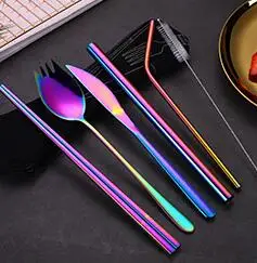 color set Радужный Набор посуды 6 шт портативный набор столовых приборов металлическая соломинка с чистящей щеткой из нержавеющей стали цветной многоразовый набор посуды - Цвет: color set