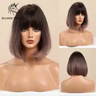 Парик прямой синтетический короткий женский, термостойкие фиолетовые светлые единорог с эффектом омбре, с челкой, для вечерние, повседневные