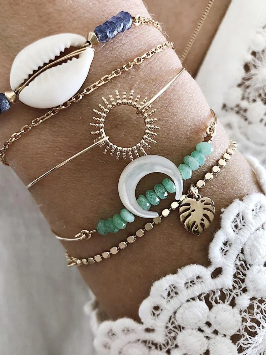 Набор браслетов белый цветок луна круг шарм и зеленый синий бисер сплав оболочка