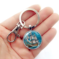 wg 1pc pirate ship gifts time gemstone keychain keyrings creative metal cabochon keyring for women bag pendant jewelry