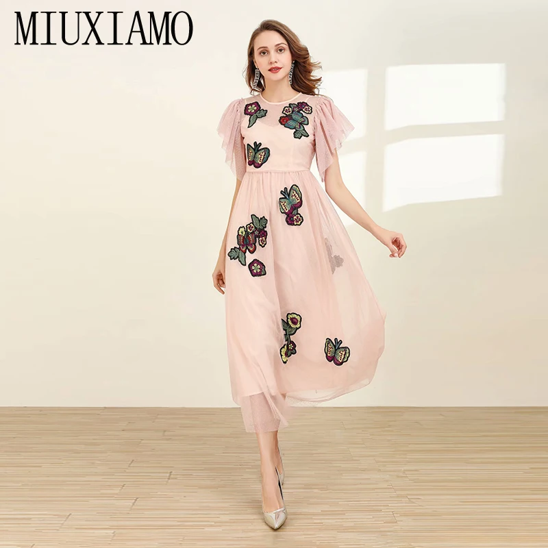 

MIUXIMAO, высокое качество, 2020, весеннее платье, Цветочная бабочка, вышивка, короткий рукав, элегантное, розовое, длинное платье для женщин, vestidos