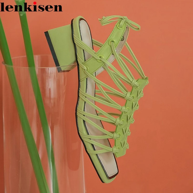

Lenkisen new european style high fashion plus size big square toe med square heel lace up beauty lady gorgeous women sandals L12