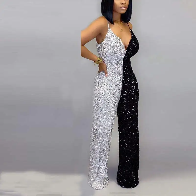 Женщины цвет блока спагетти ремень Окунитесь v образным вырезом блестками Bodycon