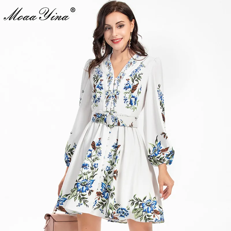 

MoaaYina Fashion Designer Autumn Vacation Dress Women Lantern sleeve Single-breasted Sashes Flower print Short Dress