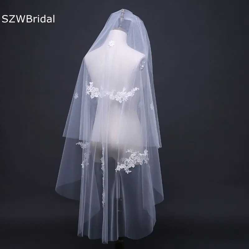 

New Arrival Two Layers Wedding veils Lace Applique Urne mariage Bridal Veil Ivory Wedding accessories Matrimonio braut