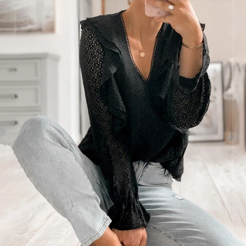 

Women White Hollow Out Ruffles Lace Blouses 2021 Spring Casual V Neck Long Sleeve Spliced Office Lady Slim Pullover Shirt Tops