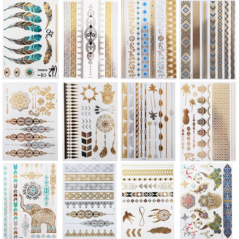 

12 Sheets Metallic Temporary Tattoos Gold Boho Waterproof Flash Fake Tattoo Sticker Designs for Women Girls