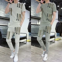 two piece 2021 summer new two piece suit mens sports pretty casual trendy short sleeved t shirt nine point pants suit