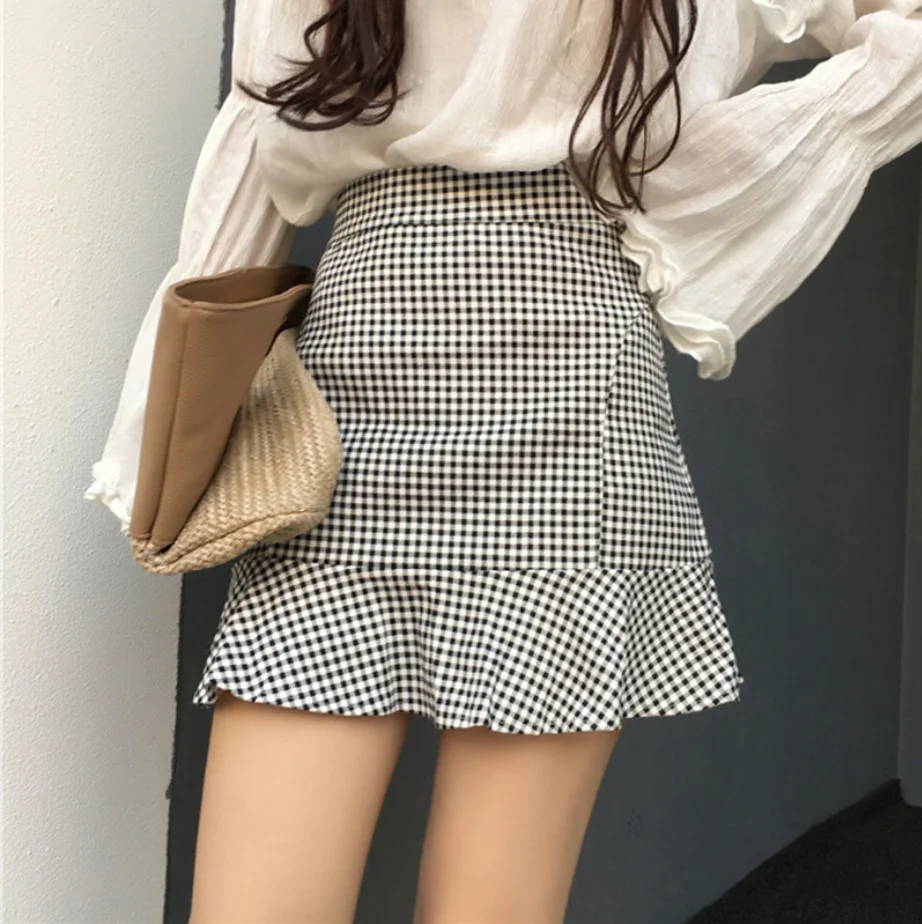 

Summer Women Grid Skirt Elegant Woman Office Skirts High Waisted A-Line Short Skirt Sweet Cute Girl Falbala School Uniform Skirt