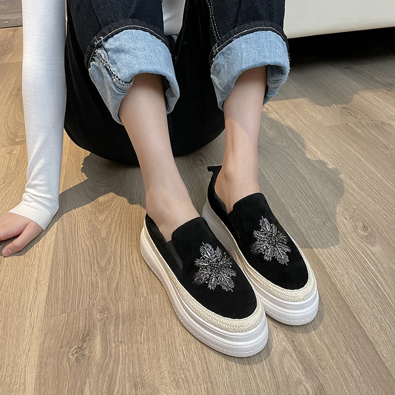 

Platform Shoes Woman Heels Net Women Slipon Flat Shoes 2021 Spring New Genuine Leather Office Lady Summer Shoes For Women