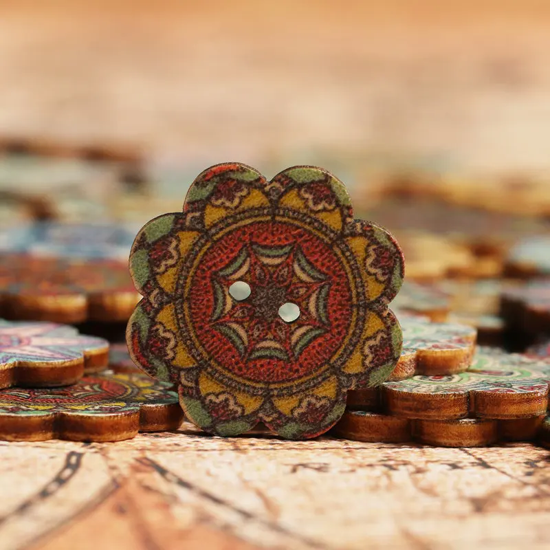100 шт. круглые деревянные пуговицы с цветочным принтом 2 отверстиями 15 мм 25
