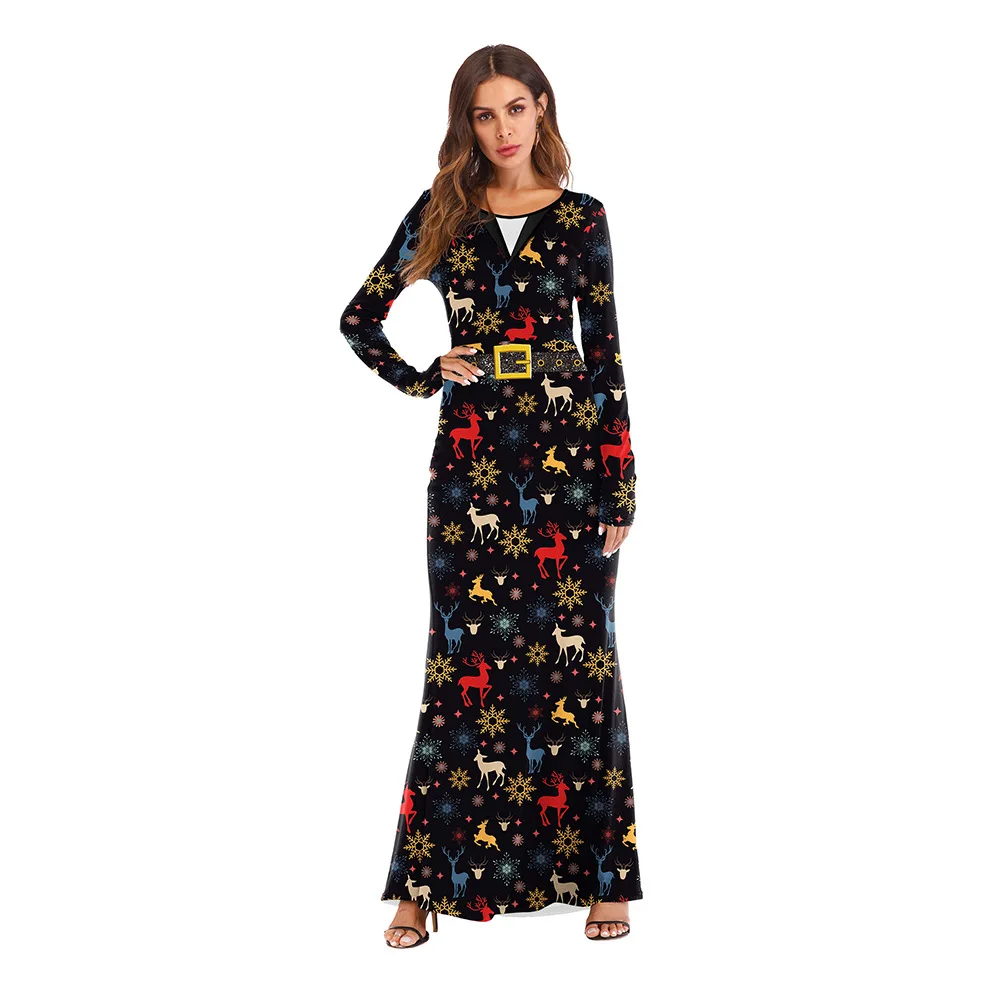

Christmas Costumes Dress for Women Sexy Long Dresses Digital Printing One-piece XMAS Beach Cover Up 2021 Sleeve Party Dress NEW