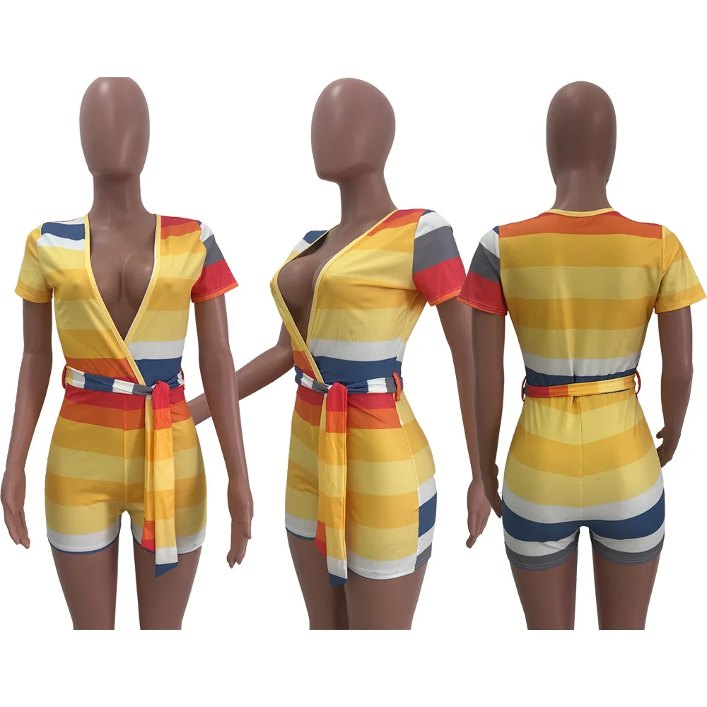 

New summer fit striped printed Jumpsuit fashion V-neck short sleeve women's T-shirt shorts