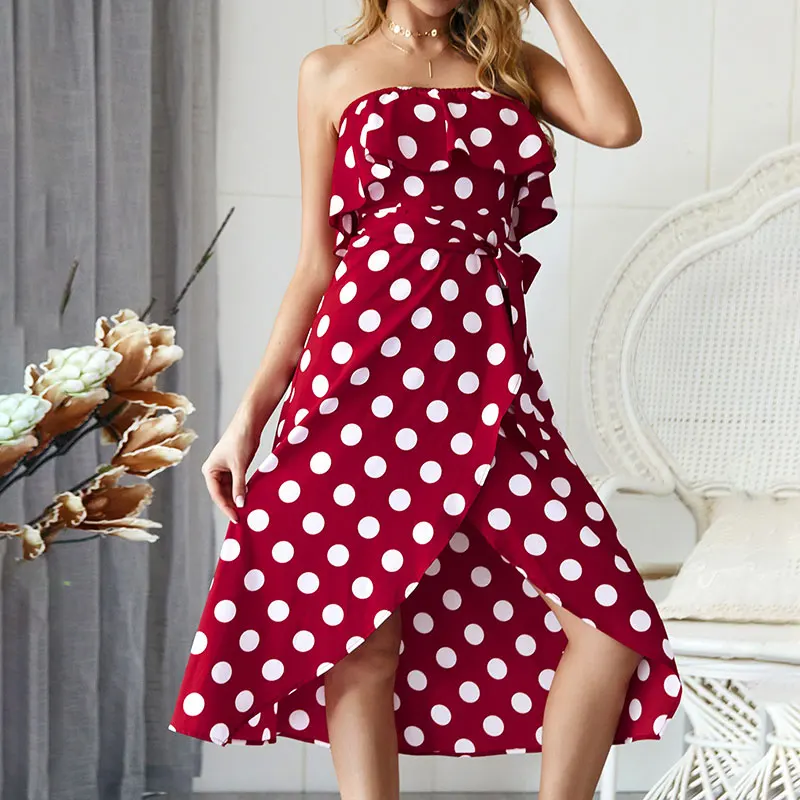 Женское летнее платье 2020 асимметричное пляжное в горошек до середины икры стиле