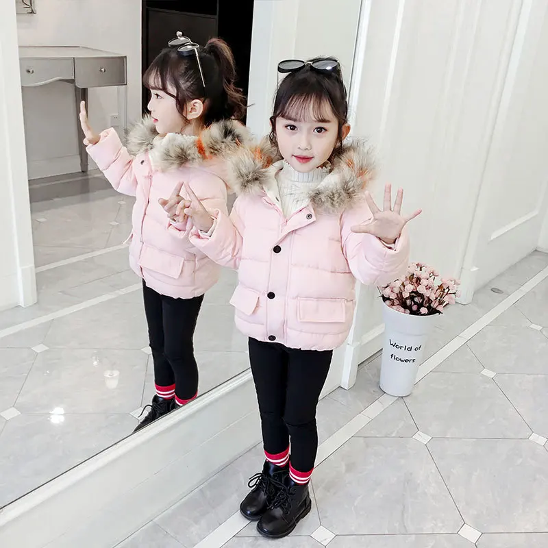 

Kids Winter Outwear Fur Hooded Warm Coats Girls Boys Clothes Cotton Padded Jacket Girls Down Children Autumn Coat Solid Color