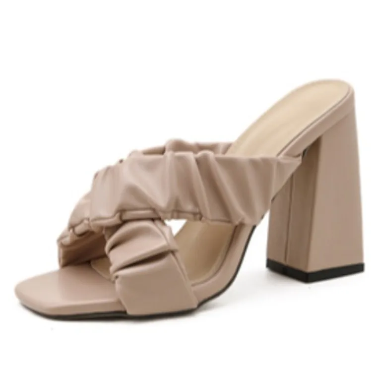 

Big Size Shoes Slippers Casual Women Heels Pantofle Slides Cross-Tied Luxury High 2021 Scandals Basic PU Pleated Fabric Rubber F