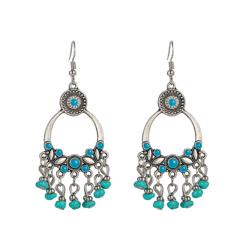 

Summer Beaded Earrings 2020 Silver Color Indian Jewelry For Women Vintage Ethnic Boho Tassel Drop Earrings Accessories