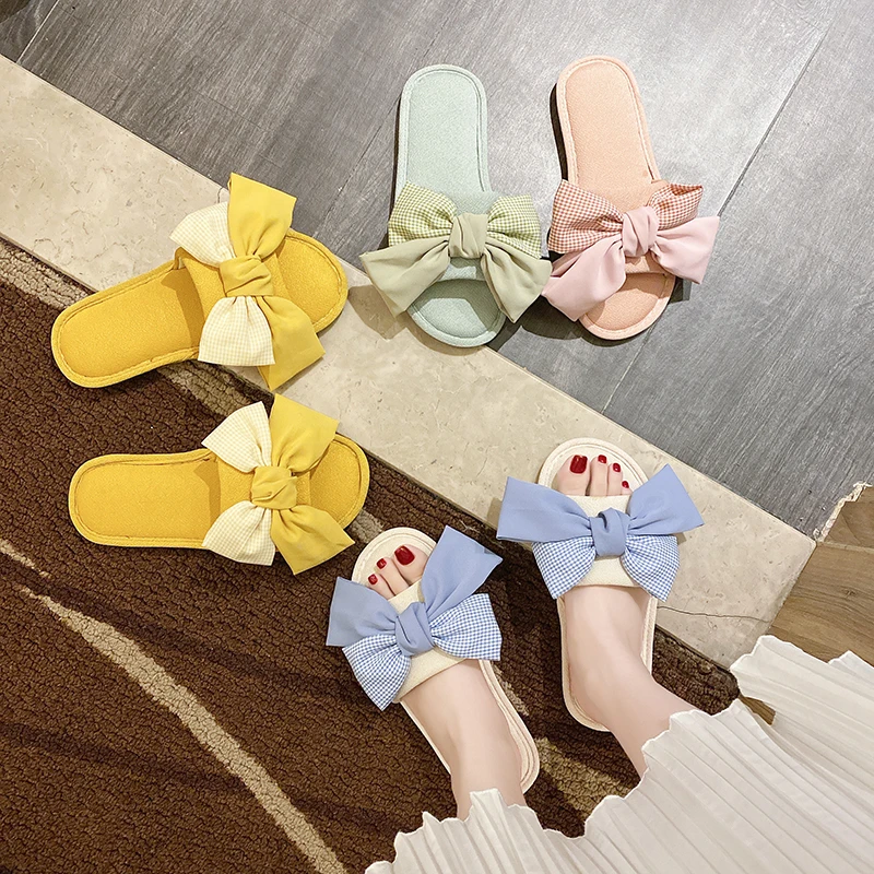 

Shoes For Girls Butterfly-Knot Home Slippers Women's Low Slides Lady Massage Flat Rubber Rome Butterfly-knot Fabric Sweet PU