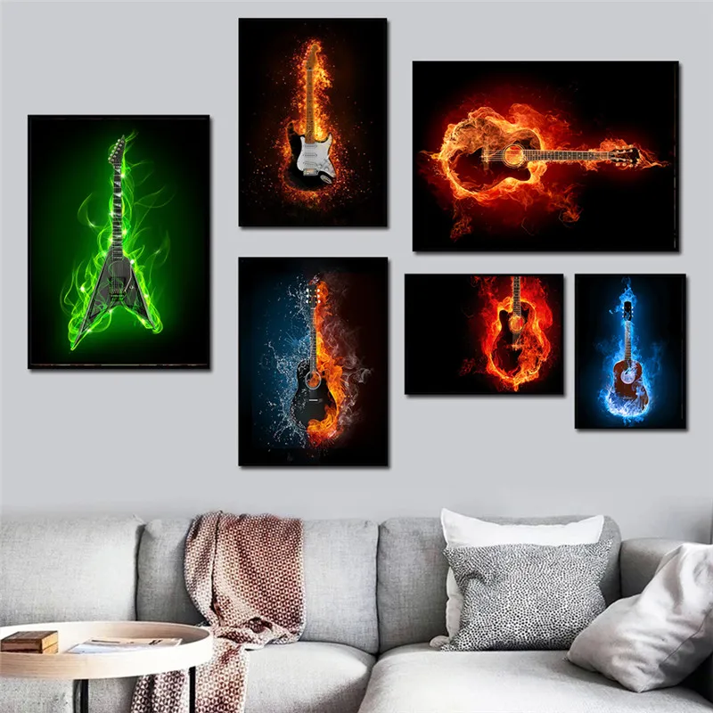 

Modern Musical Instruments Fire Burning Electric Guitar Poster Canvas Painting Wall Art Prints Living Room Decoration Pictures