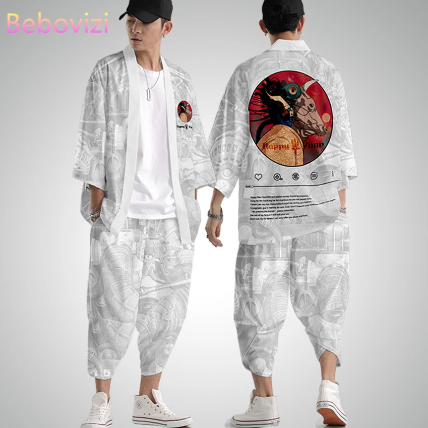 

Fashion Personality Japanese Cardigan Kimono Men Women Pants Sets Haori Obi Asian national style Clothes Suit Kimono men beach