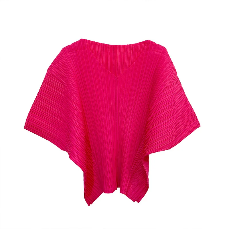 

TVVOVVIN0 2021 Summer New Short Sleeve Loose Large Size T-shirt Women's Solid Color V-neck Pleated Stretch Top SGL8