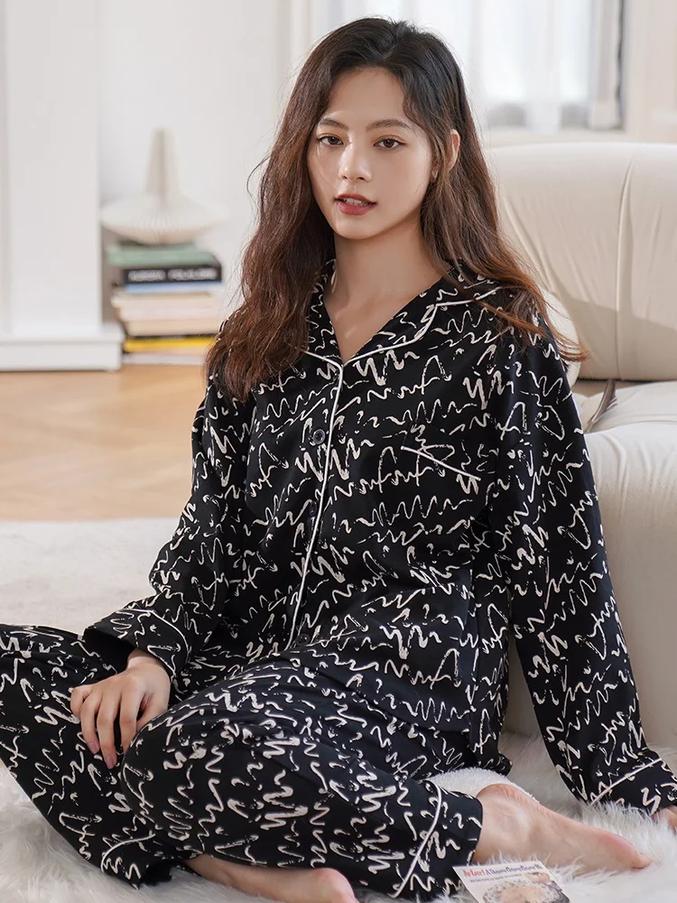 Winter 100% Cotton Pajamas For Women Printed Black Sleepwear For Ladies Home Clothes 2pcs PJ  Pure Cotton Pijamas Pyjamas Women