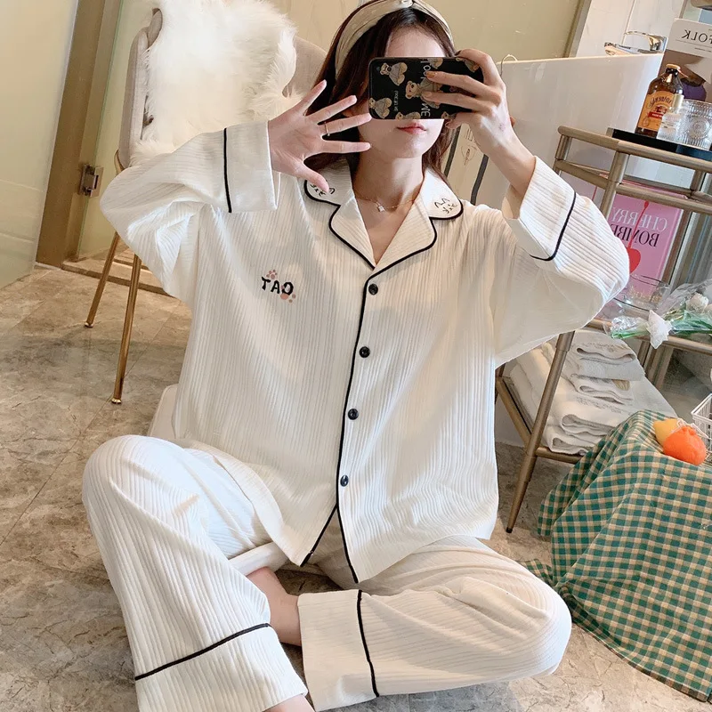 Sleepwear Women Cotton Thin Long Sleeve Pajamas Set Spring and Autumn Cotton Cute Plus Size Loose Home Clothes Schlafanzug