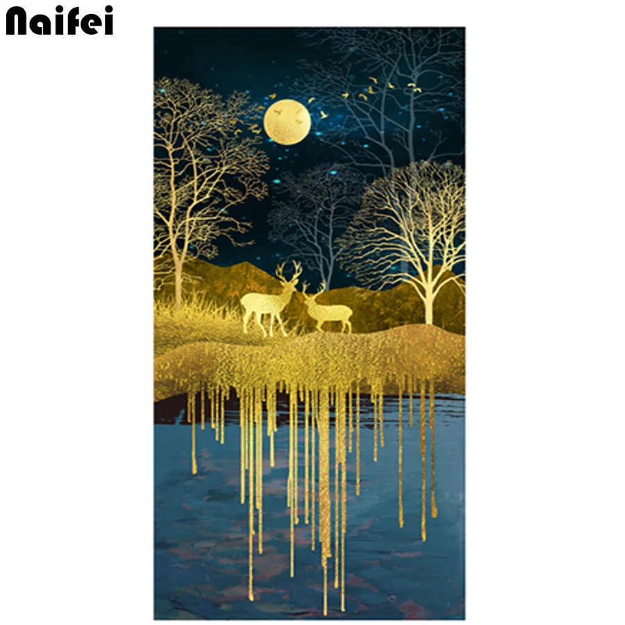 Алмазная живопись с квадратными стразами Золотой пейзаж олень 3D вышивка