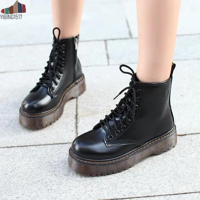 Bullock Real Leather Boots Women shoes Autumn Winter lace-up Flat boots Comfortable Retro work | Обувь