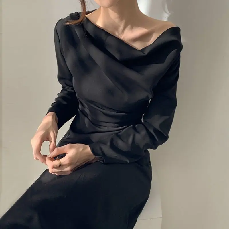 

Fashion Irregular Collar Party Solid Dress Women High Waist Hip A Line Draped Long Vestidos Spring Long Sleeve Robe 2021