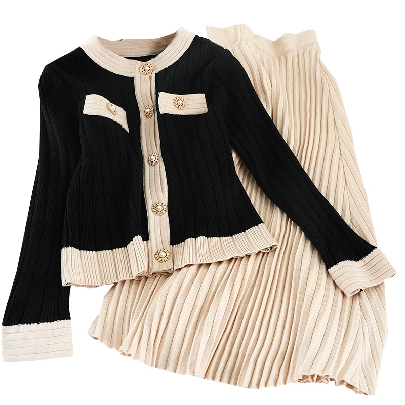 

Office Lady Elegant Knitted Women Skirts Sets Autumn New Long-Sleeved Sweater Cardigan And High Waist Pleated Knee-Length Skirts
