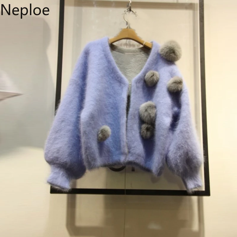 Neploe/Корейская просторная вязаная кофта с v-образным вырезом, модная меховая вязаная одежда с открытым стежком, Осень-зима, Sueter Mujer Invierno 5454543
