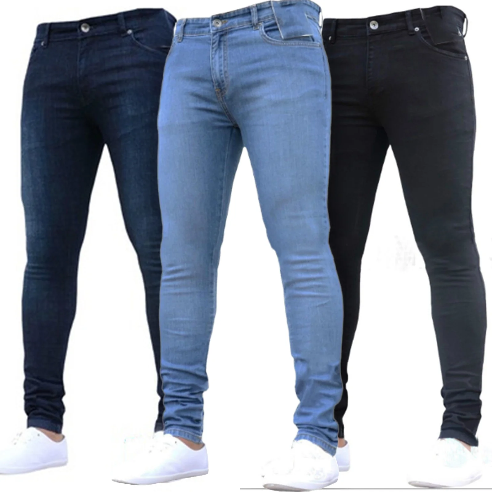 

Men's tall-waisted jeans with zipper, casual slim fit elastic jeans, large-size man's pencil pants, men's skinny jeans for men