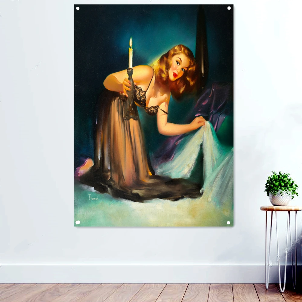 

Vinatge World War II Sexy Pin up Girl Banner Flag Retro Canvas Painting Sexy Lady Art Posters and Prints Wall sticker Decor D4