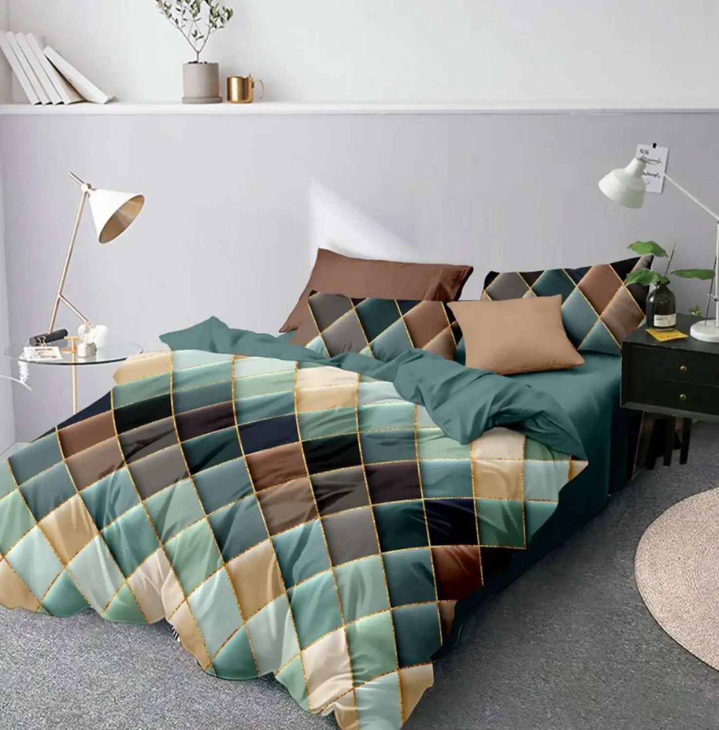 

Green Plaid Bedding Set,With Pillowcase 200x200 Duvet Cover Set 210x210 Quilt Cover King Size Geometric Lattice Blanket Cover